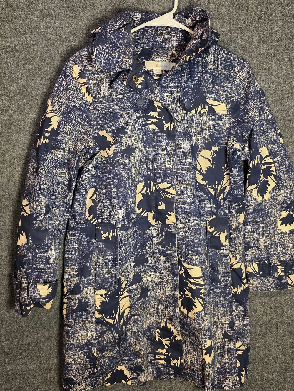 Boden Women’s Hooded Raincoat Size 6 Navy Floral Fleece Lined Jacket